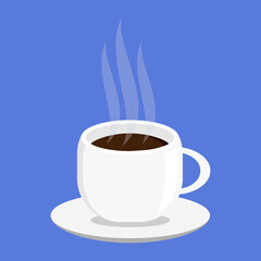 A cup of hot coffee. White small cap with steam on blue background