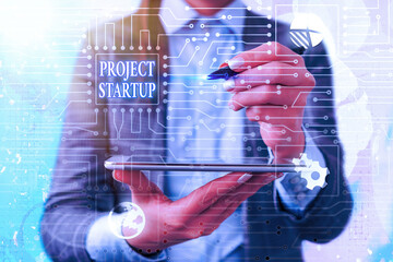 Text sign showing Project Startup. Business photo text the initial opportunity of a young company...