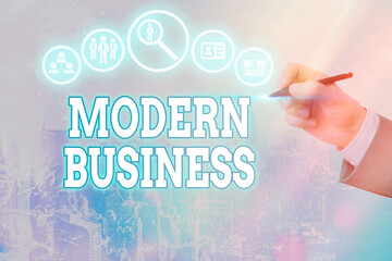 Conceptual hand writing showing Modern Business. Concept meaning recent business incorporated with...
