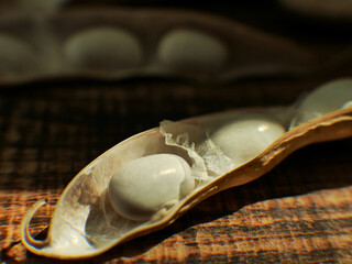 white kidney beans on wooden background. Dried organic harvest of white beans