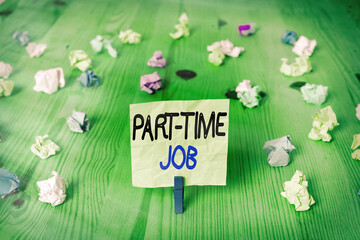 Conceptual hand writing showing Part time Job. Concept meaning employment marked by working less...