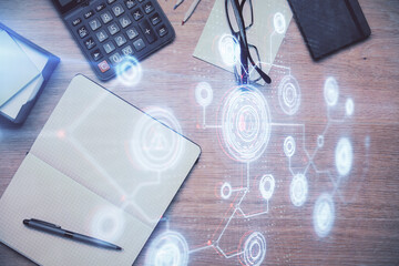 Double exposure of social network theme drawing over table with phone. Top view. People connecting concept.