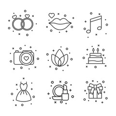 Set of simple flat universal icons. Nature, love, wedding, music, social media icons. Vector illustration.