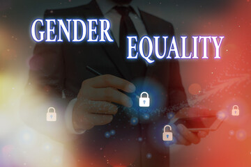Conceptual hand writing showing Gender Equality. Concept meaning access to same privilege given to...