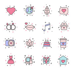 Set of simple flat universal icons. Nature, love, wedding, music, social media icons. Vector illustration.