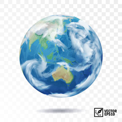 3D realistic, isolated vector earth with clouds, globe with view of the continents of Australia and Eurasia