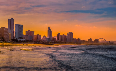 Durban golden mile beach with white sand and skyline South Africa - obrazy, fototapety, plakaty