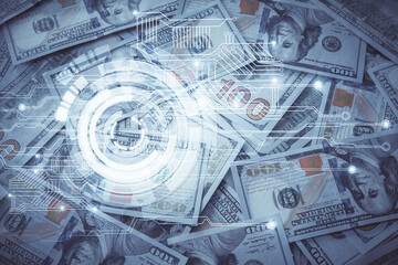 Double exposure of data theme drawing over us dollars bill background. Technology concept.