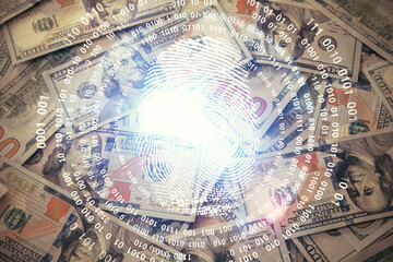 Double exposure of finger print scan drawing over usa dollars bill background. Concept of security of safe access.