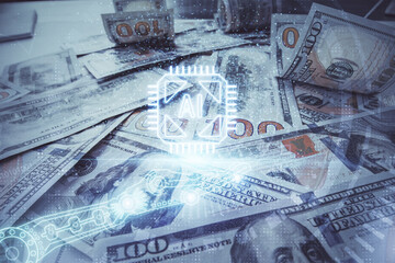 Double exposure of data theme drawing over us dollars bill background. Technology concept.