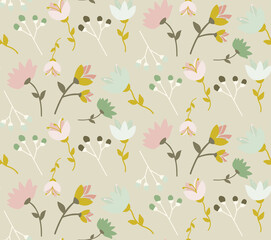 Vector green seamless pattern background with flowers. 