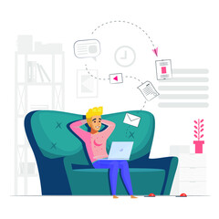 Boy working from home, telecommuting, mobile work during coronavirus pandemic, vector illustration
