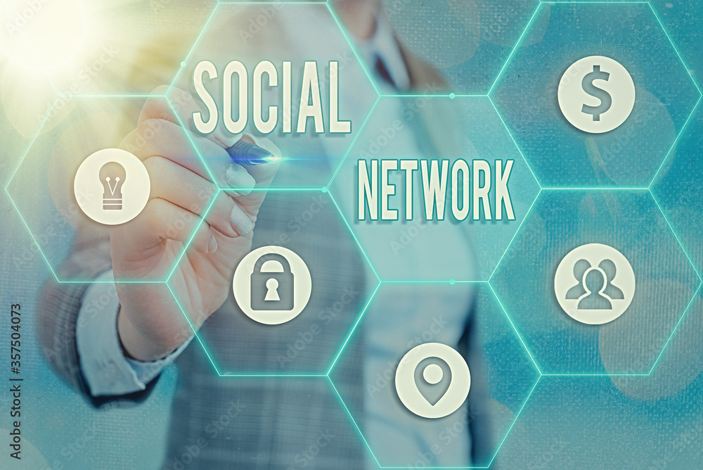 Poster writing note showing social network. business concept for a framework of individual linked by intera