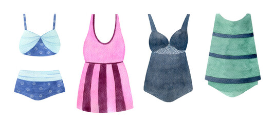 А watercolor illustration of multi-colored swimwear on a white background