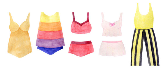 А watercolor illustration of multi-colored swimwear on a white background