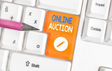 Word writing text Online Auction. Business photo showcasing digitized sale event which item is sold...