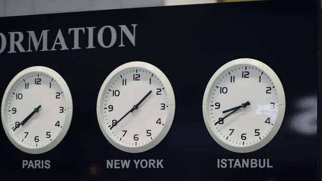 Airport information desk with time zone clocks