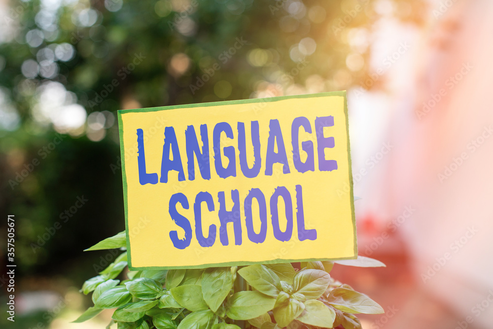 Poster writing note showing language school. business concept for educational institution focusing on forei