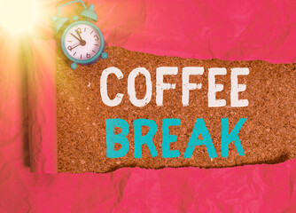 Conceptual hand writing showing Coffee Break. Concept meaning short time allotted for drinking...