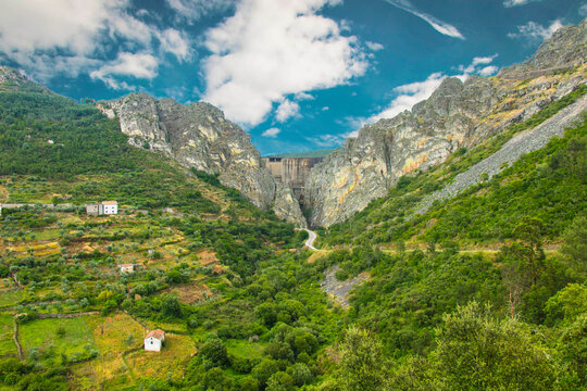 Mountain Gorge With Huge Dam Of Santa Luzia