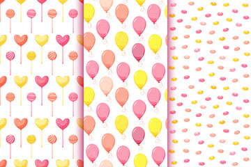Birthday seamless patterns set with balloons, caramels, lollipop candies, cartoon style vector illustration