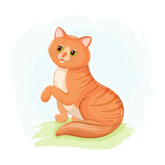 Cute redhead cat with big green eyes, sitting on the grass, handdrawn illustration with watercolor background