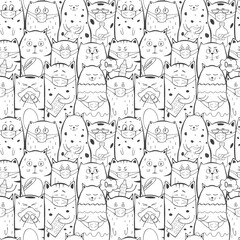 Crowd of sick cats in medical masks with  influenza, seamless pattern