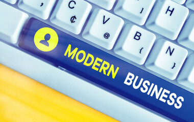Text sign showing Modern Business. Business photo showcasing recent business incorporated with...