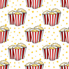 Geometrical strip popcorn buckets on white background, cinema snacks, seamless pattern, vector illustration.