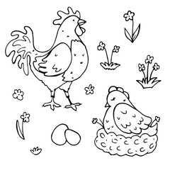 vector set of cute cartoon hand-drawn outline farm birds. isolated on a white background. icons of a rooster, a hen on a roost, eggs and flowers. heroes of folk tales, coloring page.