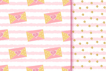 Romantic glittering golden seamless patterns with love messages in envelopes with sparkle hearts on pink stripe background, golden polka dots texture. © pufanya