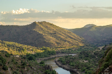 Douro river valley, separates portugal from spain .Landscape river with amazing sunset in mountain. Portugal