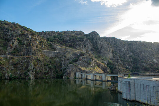 Green water dam with mountains in background, Bragança district , Portugal. Europe © paulomachado_9