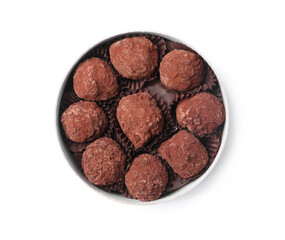 Box with tasty chocolate truffle candies isolated on white, top view
