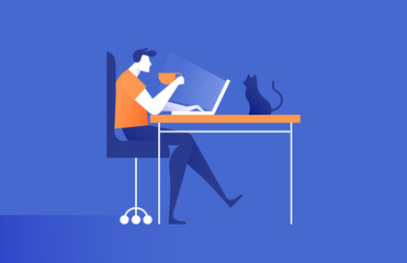 Young man working from home office with laptop computer and pet cat at desk. Modern freelance worker or remote online business concept in trendy flat gradient cartoon style.