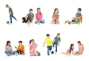 Collage of cute little children playing on white background