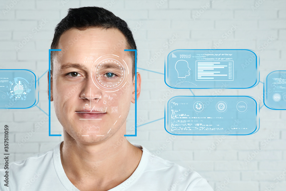 Poster facial recognition system. man with scanner frame on face and information