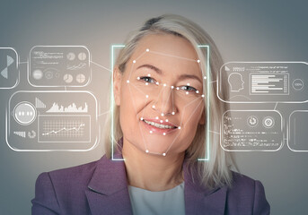 Facial recognition system. Woman with scanner frame on face and information