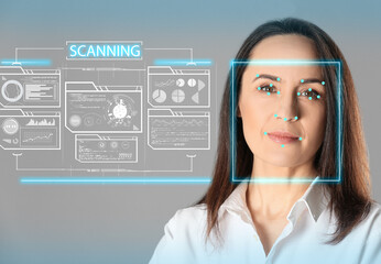 Facial recognition system. Woman with scanner frame on face and information