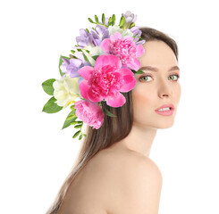 Young woman with beautiful makeup wearing flower wreath on white background