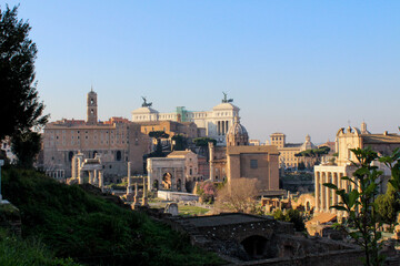 Fototapeta na wymiar The Roman Forum or Foro Romano, Rome, Italy. Ruins of ancient building with columns.