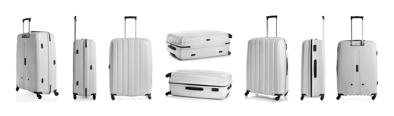 Set of modern suitcases on white background. Banner design
