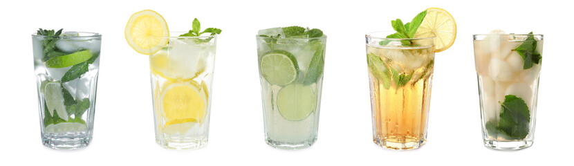 Set of different refreshing drinks on white background. Banner design