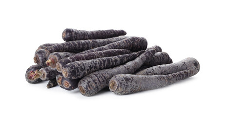 Fresh raw black carrots isolated on white