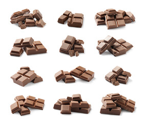 Set with pieces of milk chocolate on white background