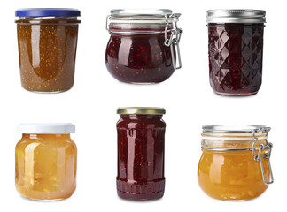Set of jars with delicious jams on white background