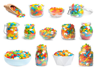 Fototapeta na wymiar Set with delicious color jelly beans on white background