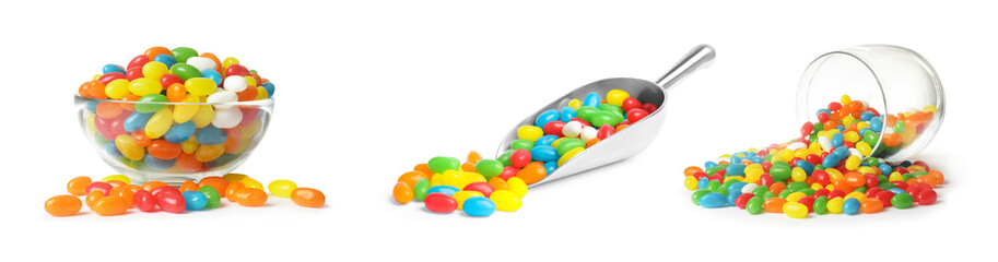 Set with delicious color jelly beans on white background. Banner design