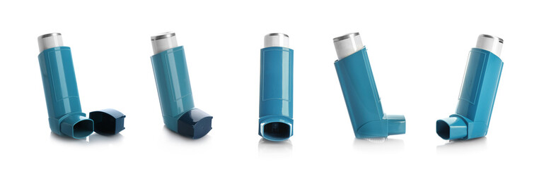 Set with portable asthma inhalers on white background. Banner design - obrazy, fototapety, plakaty