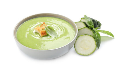Tasty homemade zucchini cream soup isolated on white